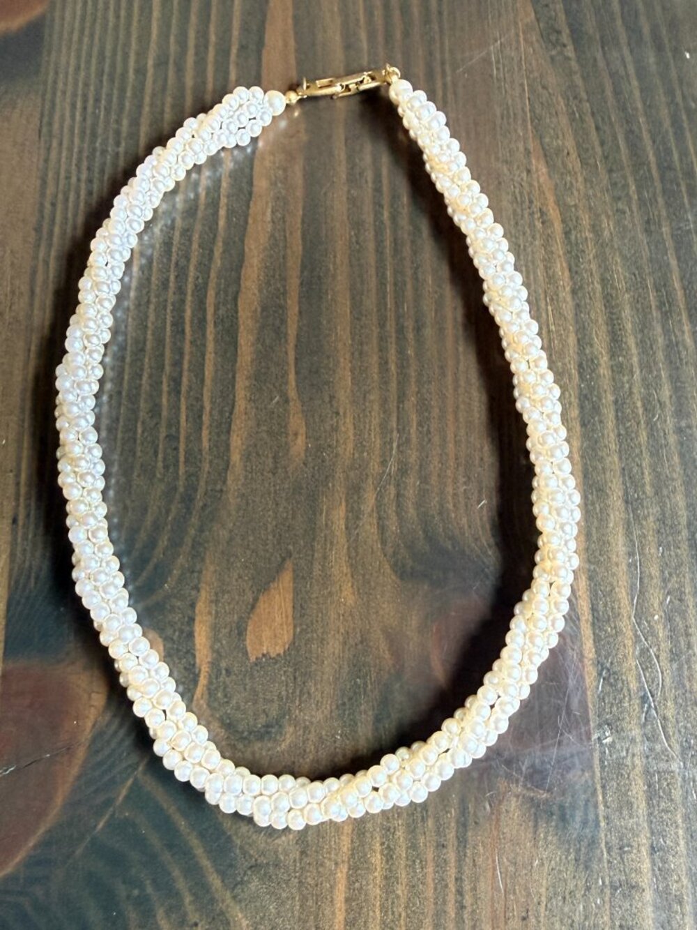 Vintage Napier Pearl Necklace 15” Long Choker 3 Strand Twisted Faux /Gold Clasp